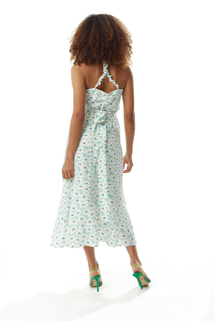 Green Floral Midi Dress With Open Back Liquorish