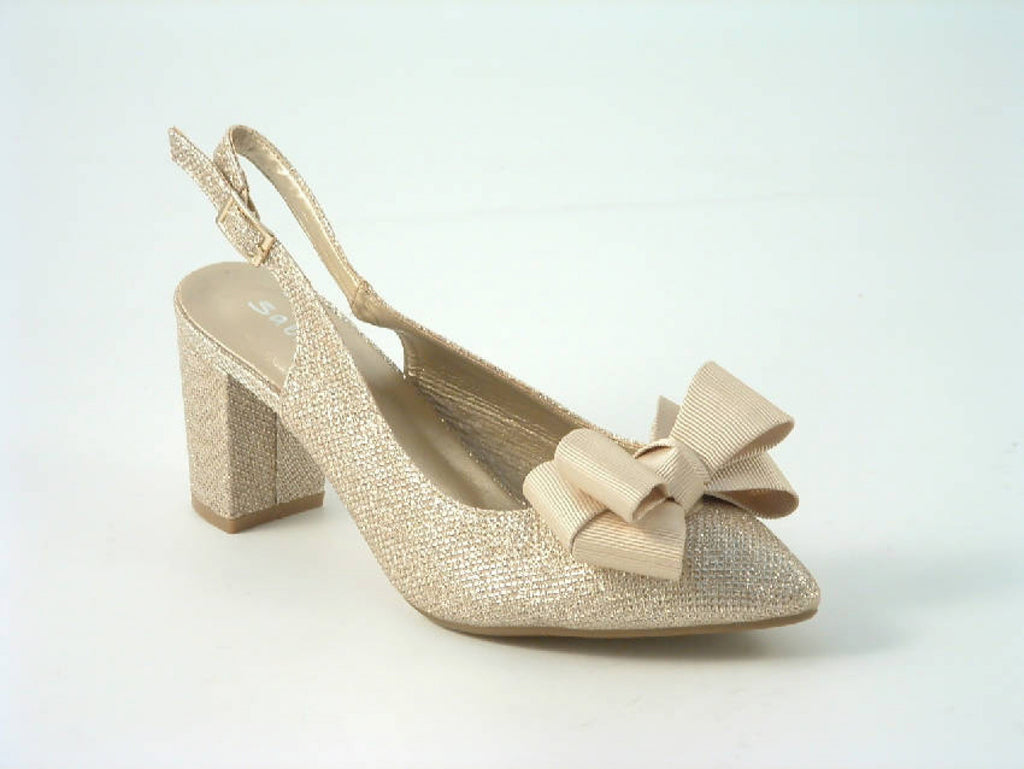Glitz Shoes Glitter Bowed Sling Back Court Shoe With Block Heel Glitz Shoes