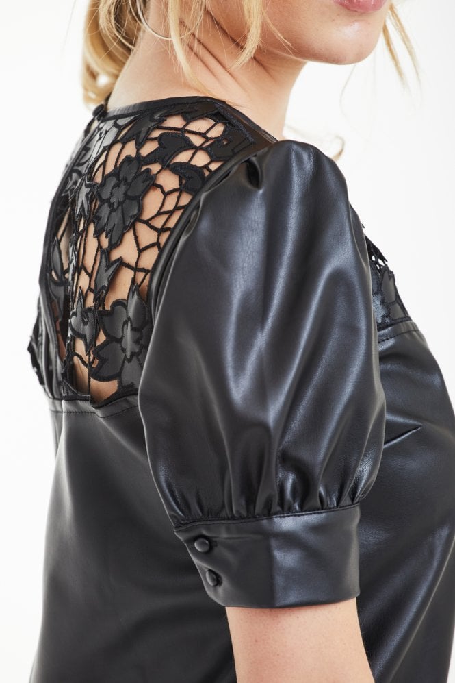 Black Vegan Leather Top With Embroidery Yoke Double Second