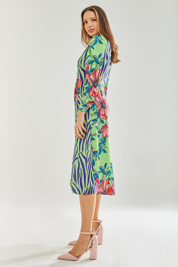 Floral Animal Contrast Print waist wrap midi dress Liquorish