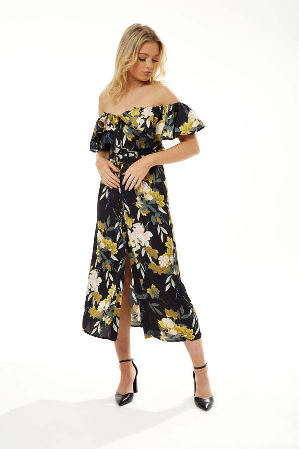 Belted Midi Dress Off Shoulder Sleeves Navy Floral Liquorish