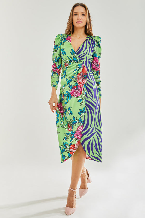 Floral Animal Contrast Print waist wrap midi dress Liquorish