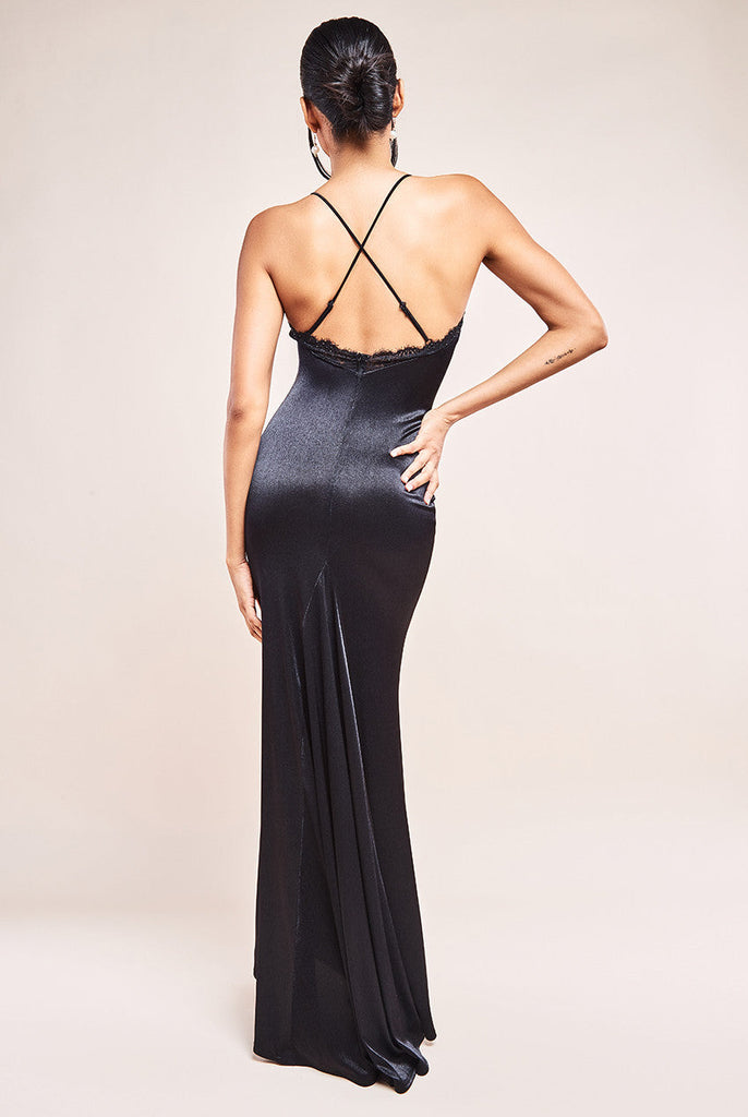 Lace Neck Satin Twill Maxi Dress Goddiva