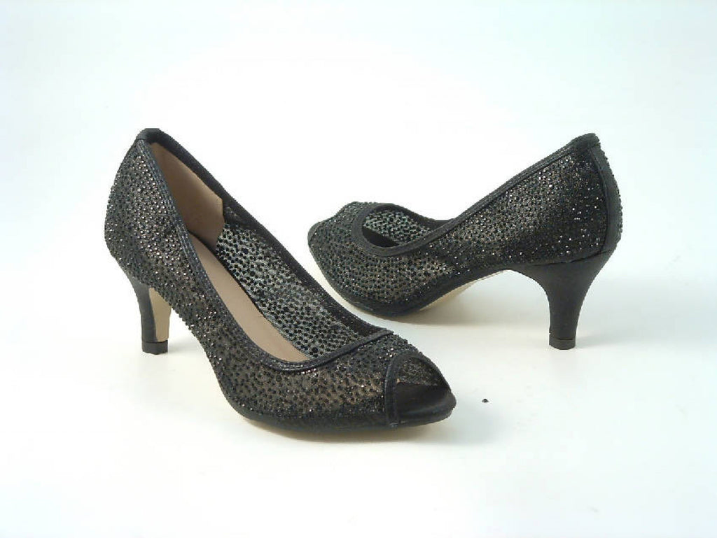 Glitz Shoes Diamante Mesh Peep Toe Court Shoe Low Mid Heel Glitz Shoes