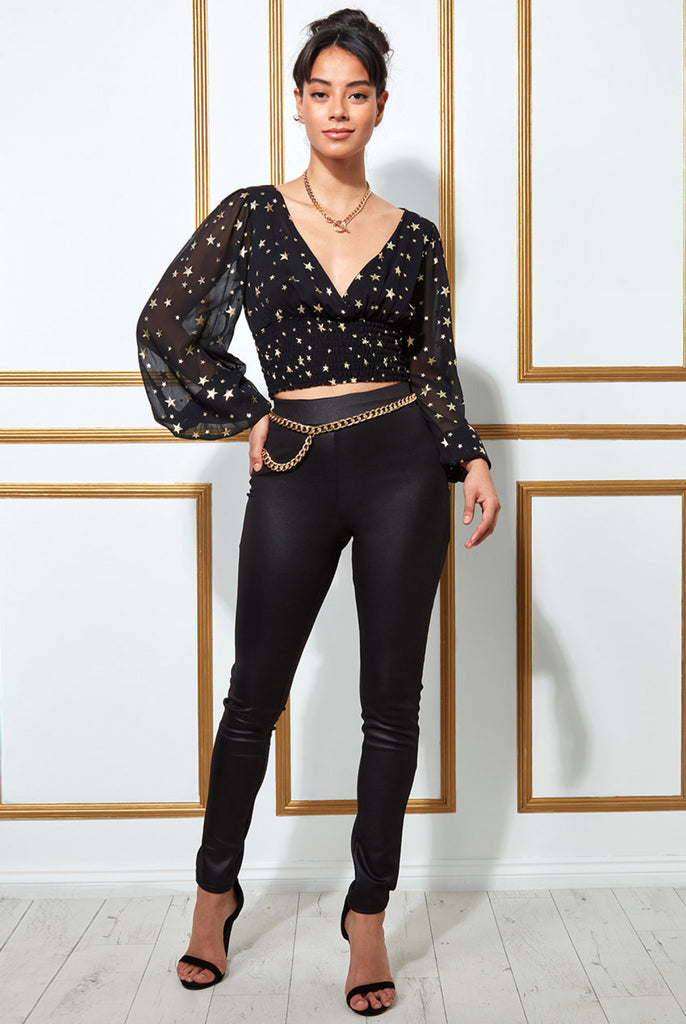 Goddiva Printed Chiffon Wrap Shirred Top Goddiva