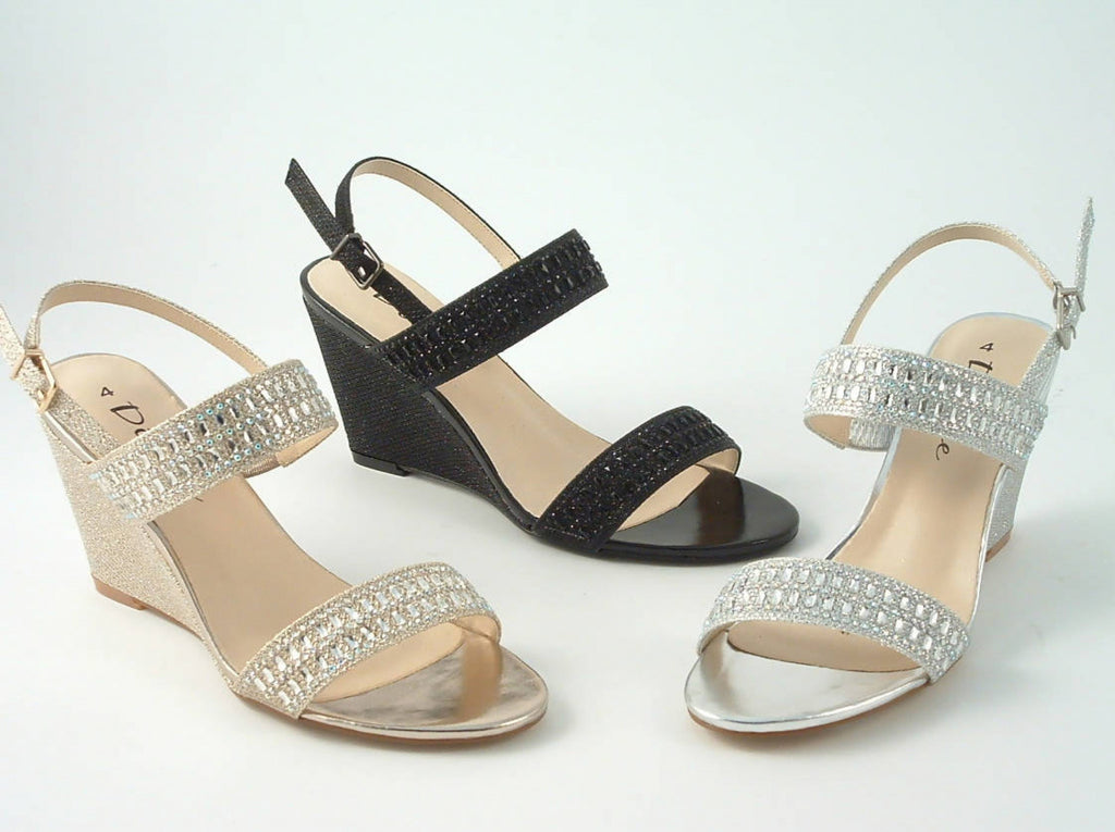Glitz Shoes Divine Glitter Diamante Mid Wedge Heeled Sandal Glitz Shoes