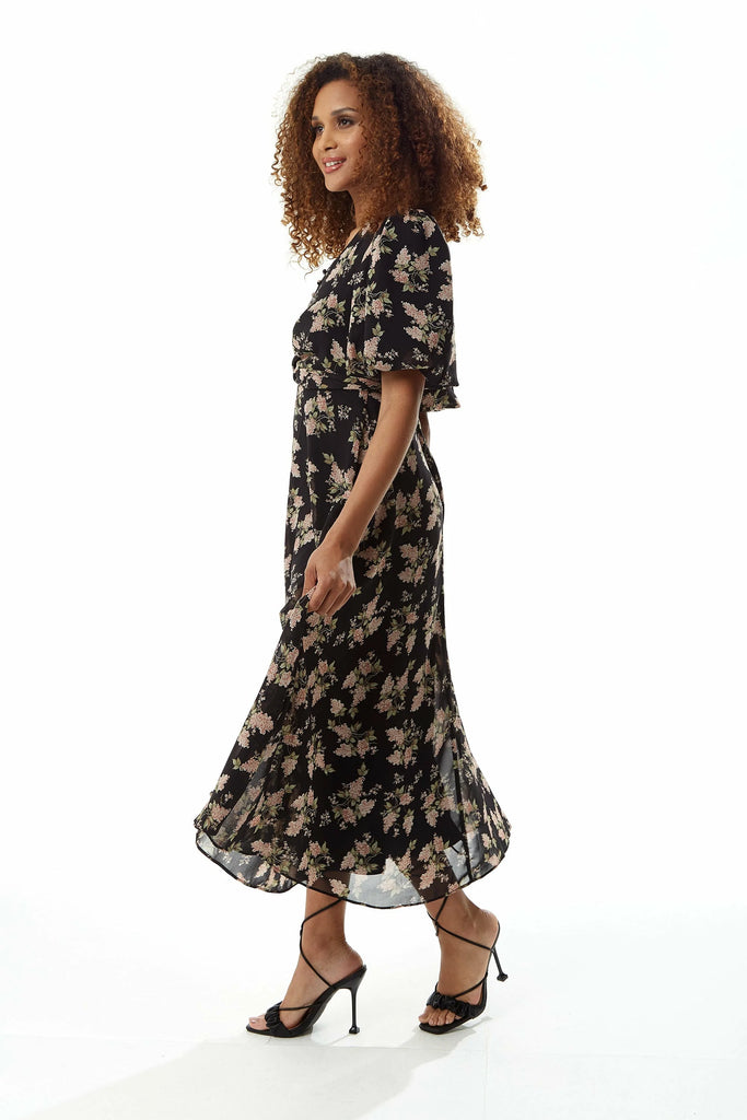 Floral Midi Dress With Tie Waist Liquorish