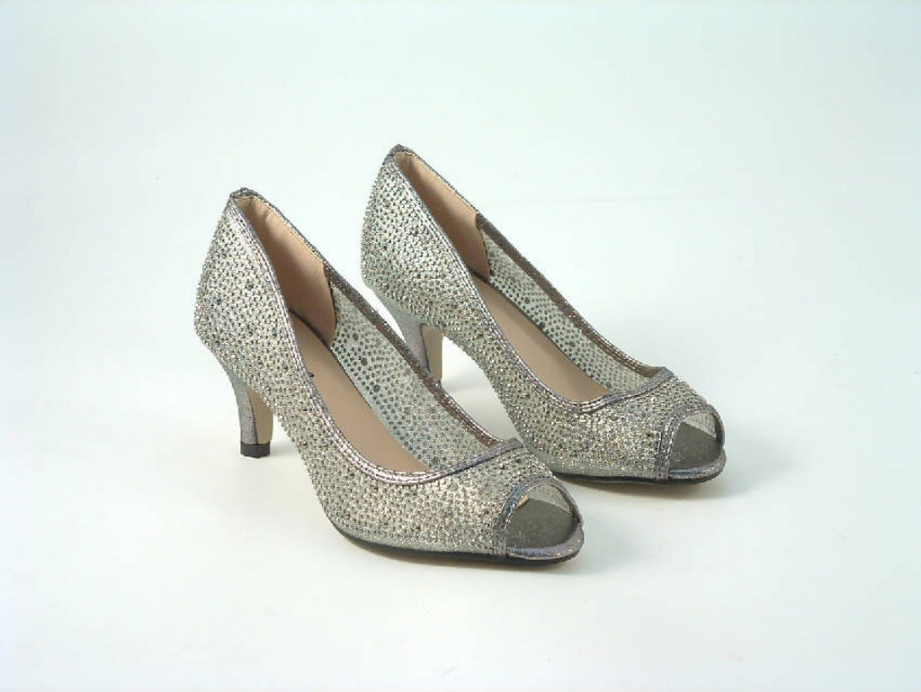 Glitz Shoes Diamante Mesh Peep Toe Court Shoe Low Mid Heel Glitz Shoes