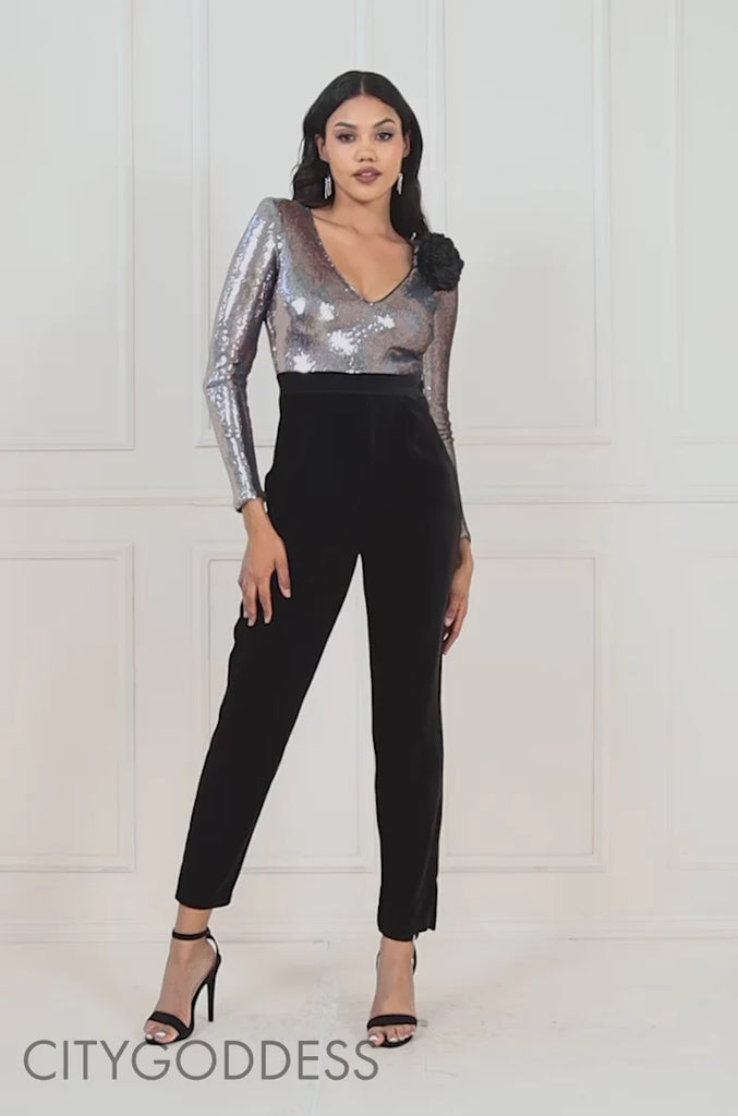 Liquid Sequin Jumpsuit With Corsage Goddiva