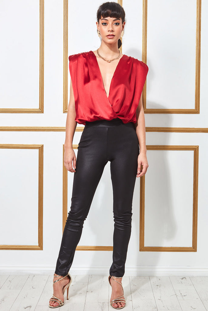 Goddiva Satin Wrap Style Top With Shoulder Pads Goddiva