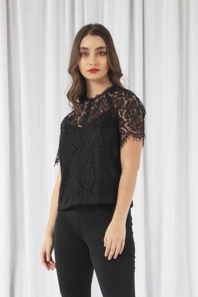 Black Raglan Sleeve Lace Top Double Second
