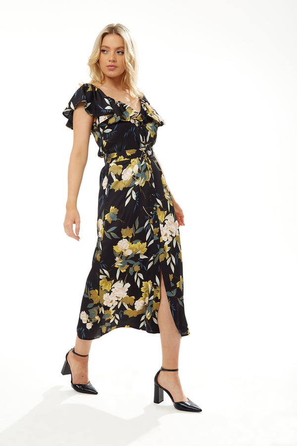 Belted Midi Dress Off Shoulder Sleeves Navy Floral Liquorish