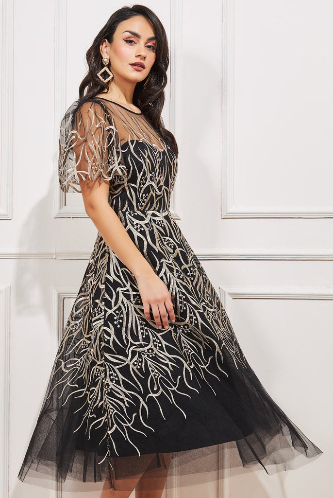 Embroidered Mesh Midi Dress Goddiva