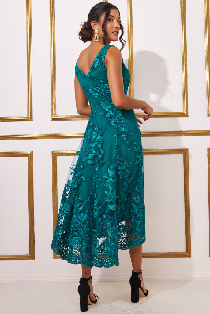 Scalloped Neck Lace Midi Dress Goddiva