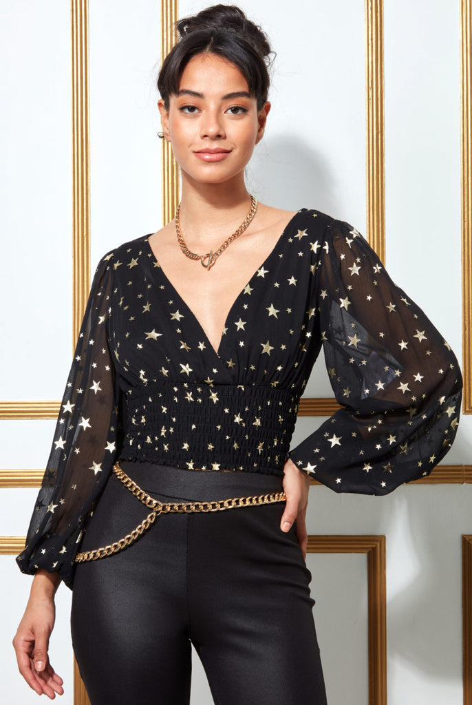 Goddiva Printed Chiffon Wrap Shirred Top Goddiva