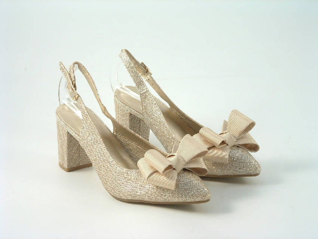Glitz Shoes Glitter Bowed Sling Back Court Shoe With Block Heel Glitz Shoes