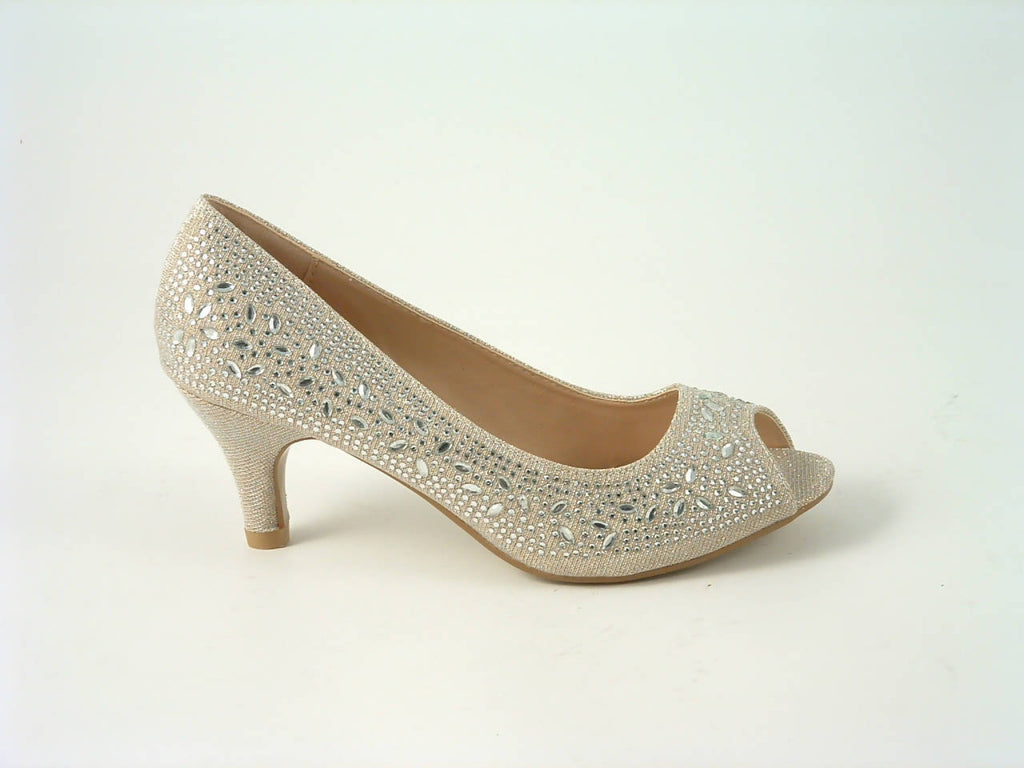 Glitz Shoes Divine Glitter Diamante Mid Heel Peep Toe Court Shoe Glitz Shoes