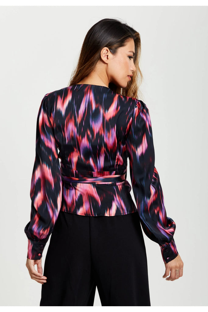 Abstract Feather Print Wrap Top In Black And Print Liquorish