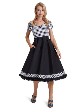 1950's Off Shoulder Checkered Swing Dress Dolly and Dotty