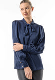 Angeleye Satin Textured Tie Neck Blouse In Navy