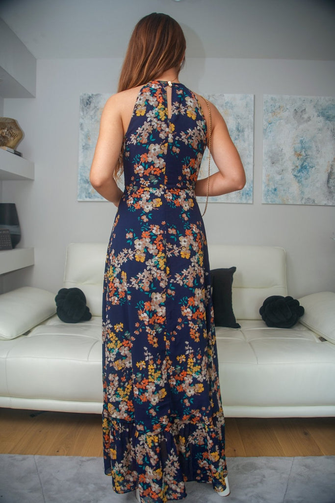 Navy Floral Print Halter Neck Wrap Front Frill Maxi Dress Double Second
