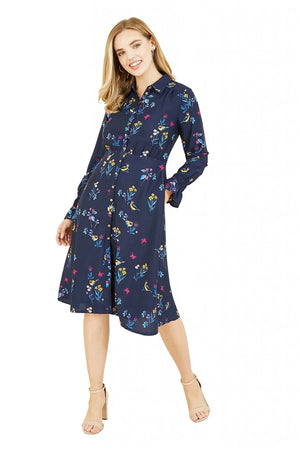 Recycled Navy Bird Print Shirt Dress Yumi