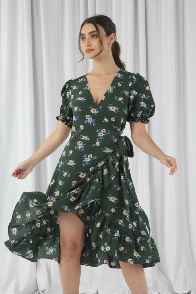 Printed Puff Sleeve Wrap Dress Double Second