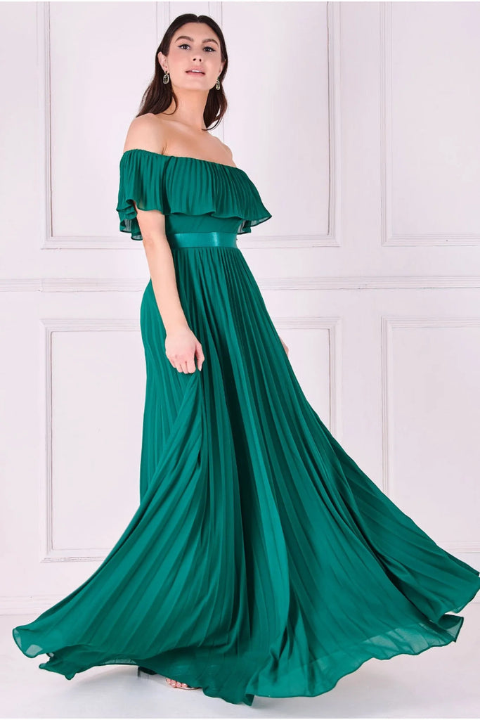 Goddiva Pleated Chiffon Off Shoulder Maxi Dress Tradegala Goddiva Pleated Chiffon Off Shoulder Maxi Dress Tradegala