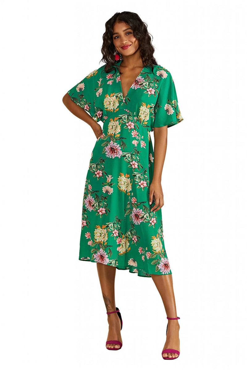 Green Floral Kimono Midi Dress Yumi