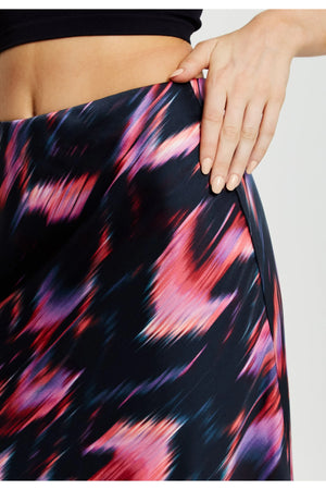 Abstract Feather Print Midi Skirt In Black Pink Liquorish