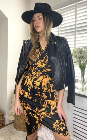 Midi Wrap Dress In Black And Gold Floral Love and Joy London