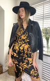 Love And Joy London Midi Wrap Dress In Black And Gold Floral