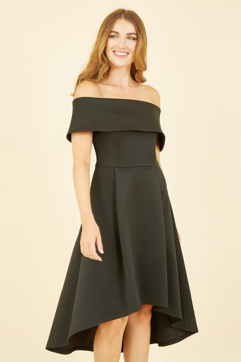 Black Bardot Dipped Hem Dress Mela London