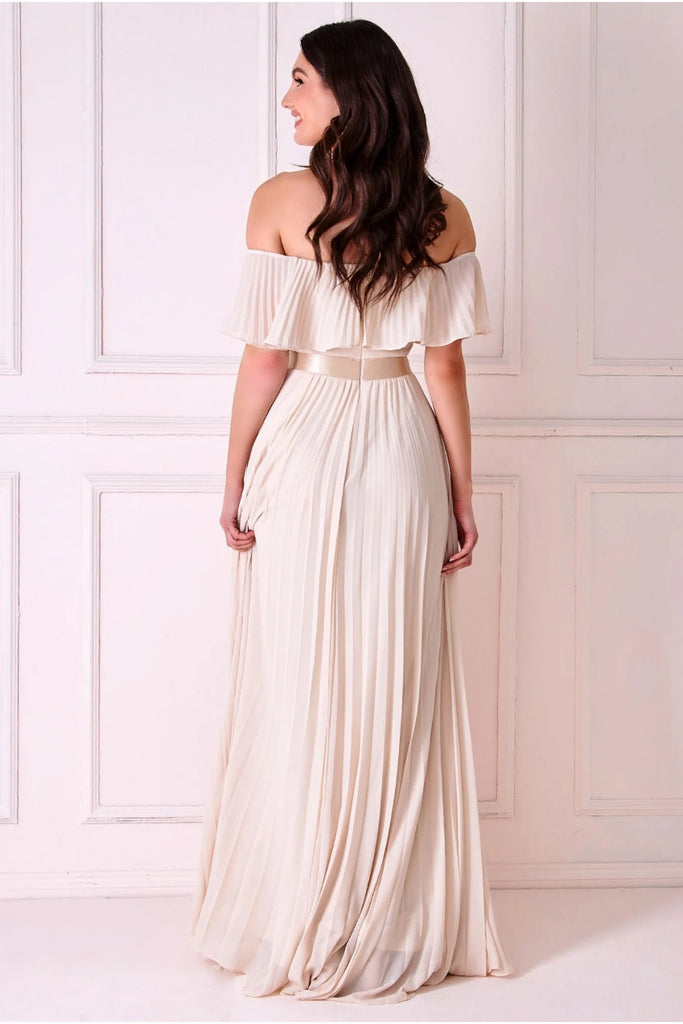 Goddiva Pleated Chiffon Off Shoulder Maxi Dress Tradegala Goddiva Pleated Chiffon Off Shoulder Maxi Dress Tradegala