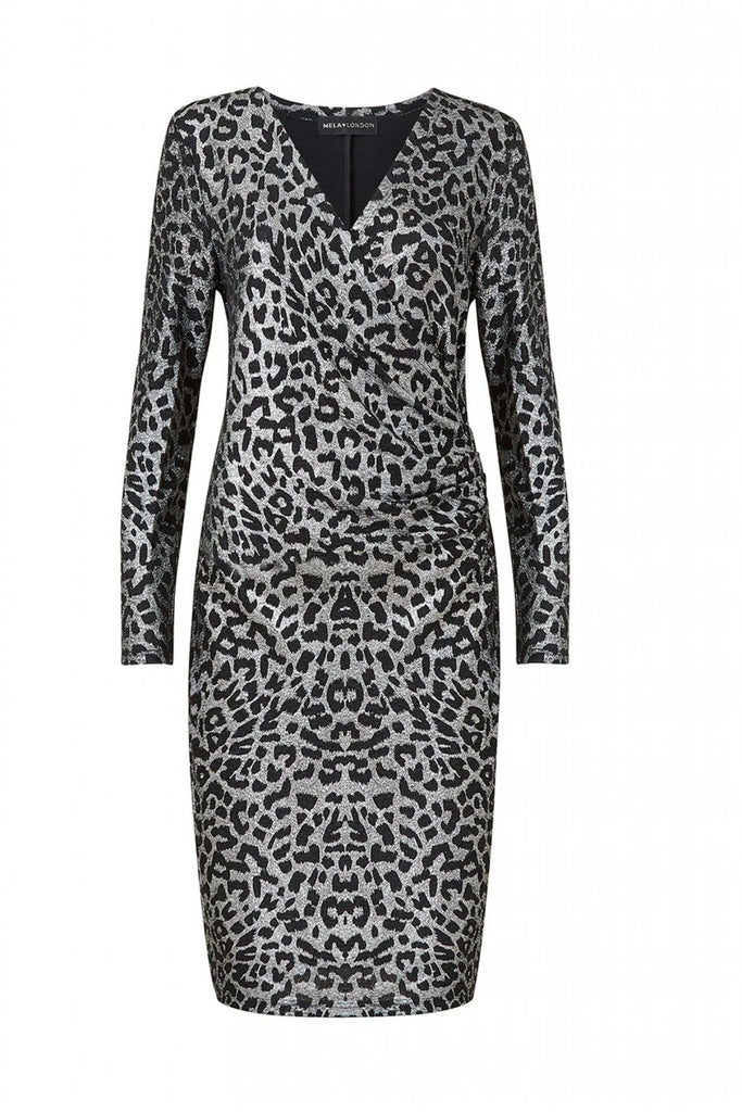 Silver Leopard Print Bodycon Midi Dress Mela London
