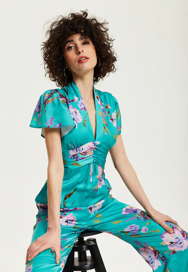 Green Floral Jumpsuit With Short Sleeves Liquorish