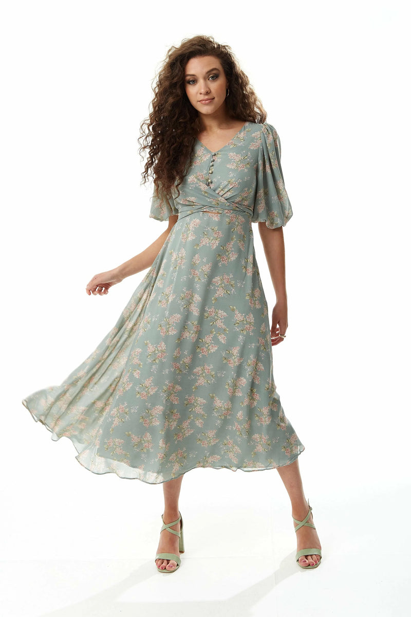 Floral Midi Dress With Tie Waist Liquorish