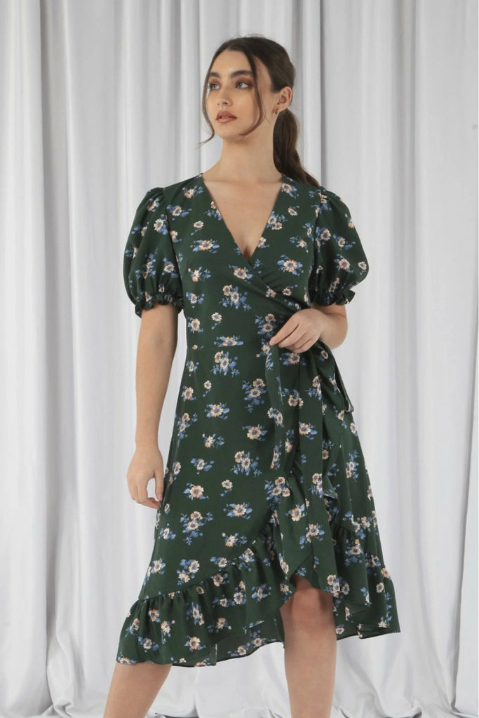 Printed Puff Sleeve Wrap Dress Double Second