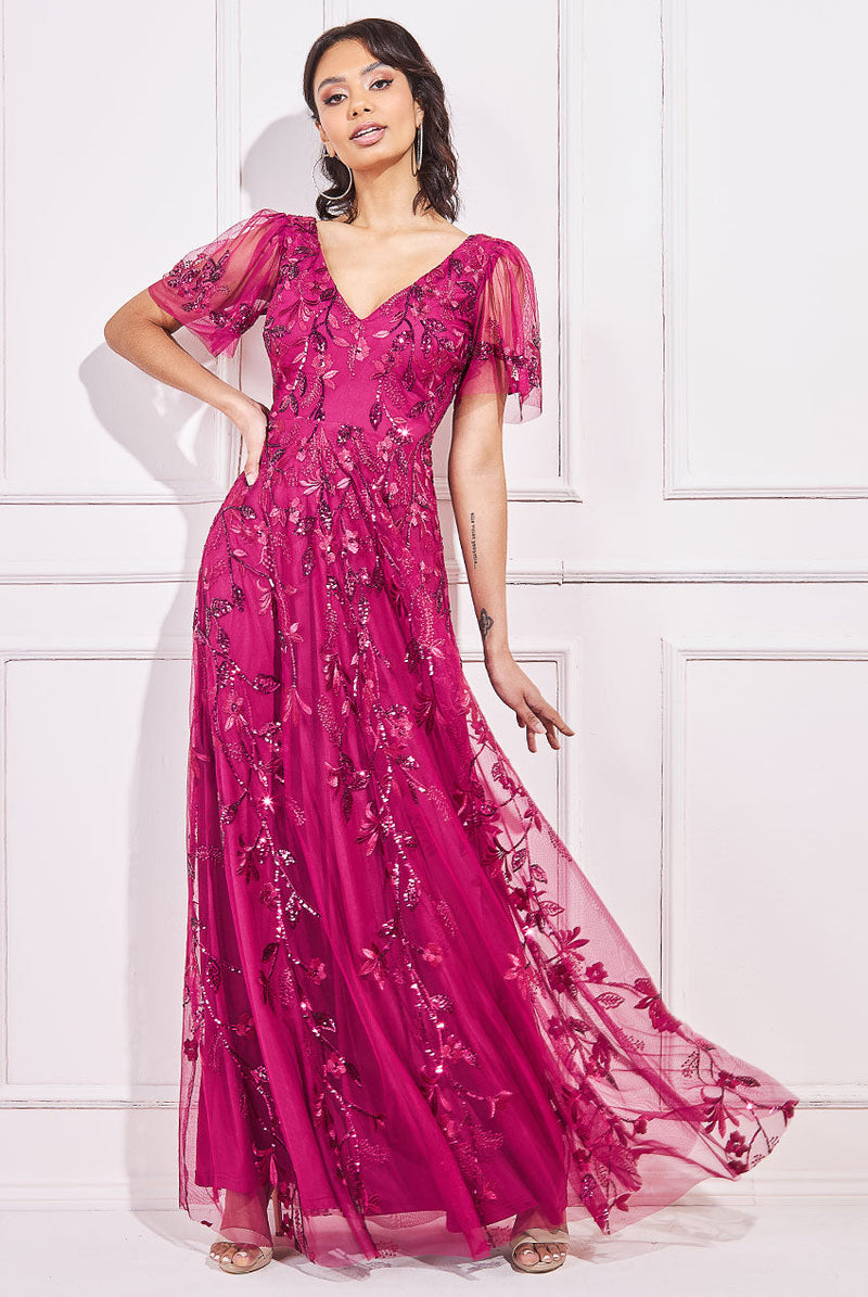 Flared Sleeve Embroidered Maxi Dress City Goddess