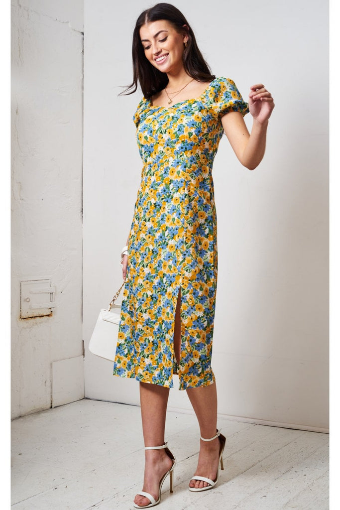 Love Frontrow Blue/yellow Floral Short Sleeve Midi Dress – Tradegala