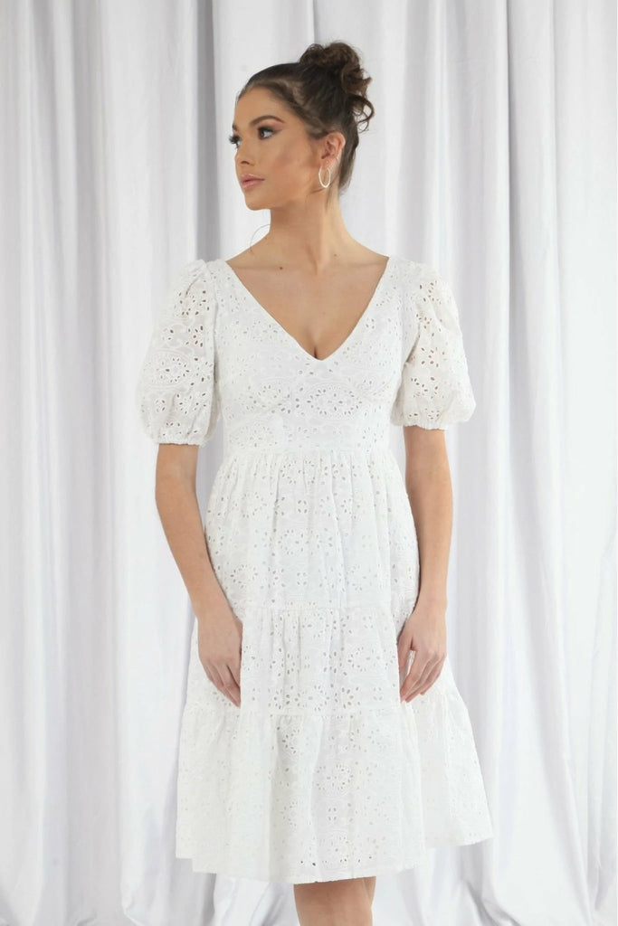 White Tiered Broderie Dress Double Second