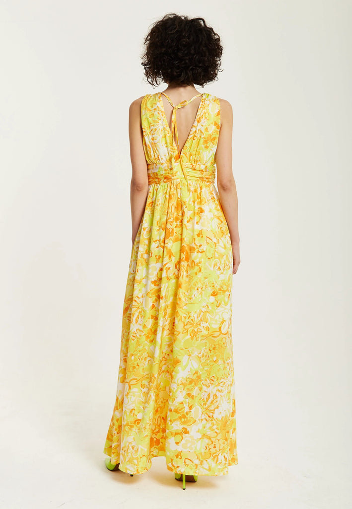 Yellow And Orange Floral Print V-neck Maxi Dress Liquorish