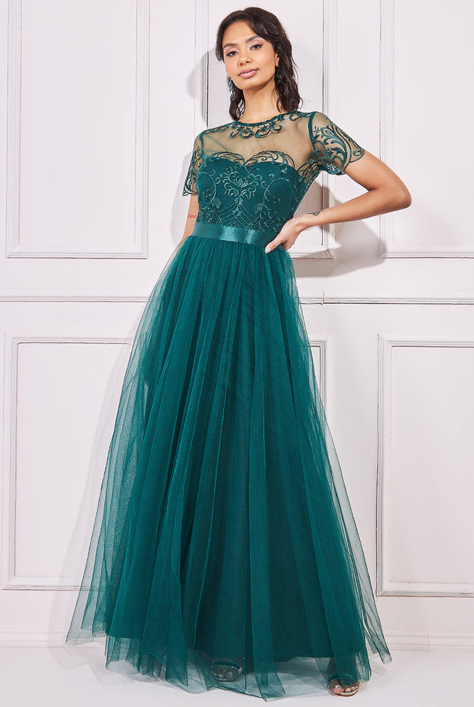 Goddiva Embroidered Mesh With Plain Mesh Maxi Dress Tradegala Goddiva Embroidered Mesh With Plain Mesh Maxi Dress Tradegala