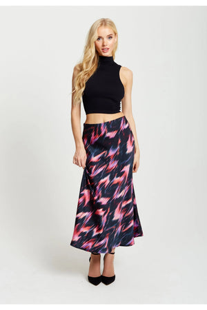 Abstract Feather Print Midi Skirt In Black Pink Liquorish