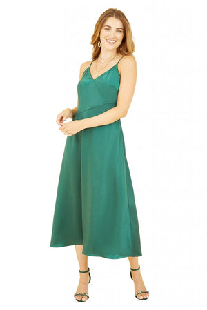 Green Satin Strappy Midi Dress Yumi
