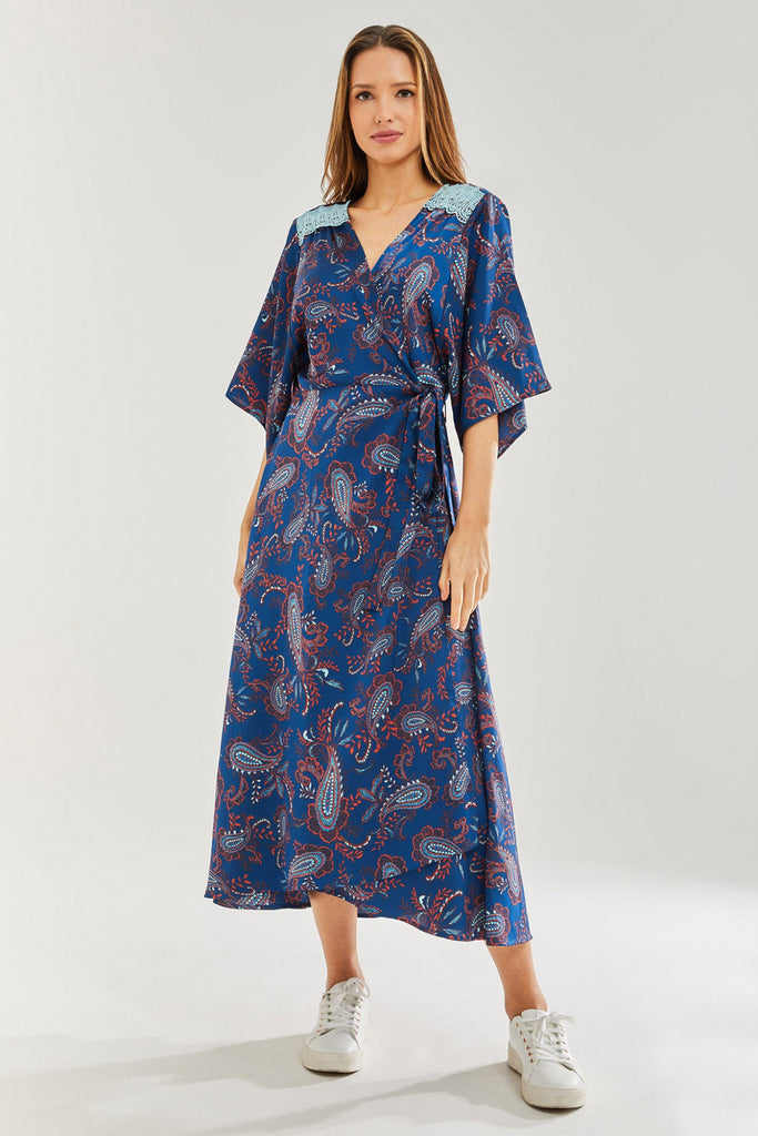 Floral Print Wrap Dress With Blue Lace Details Liquorish