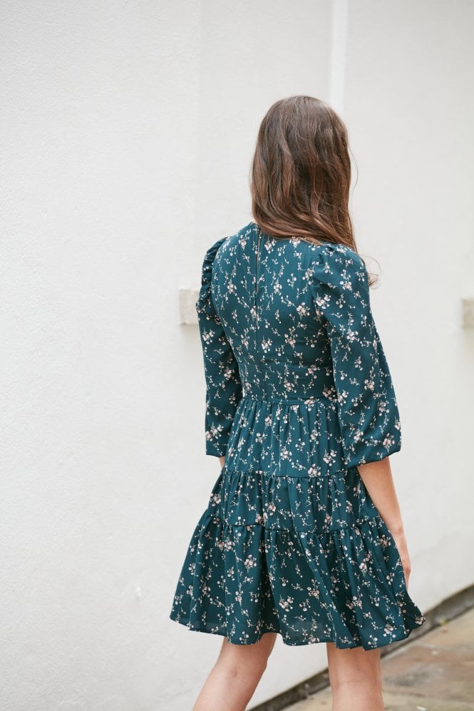 Teal Floral Tiered Dress Double Second