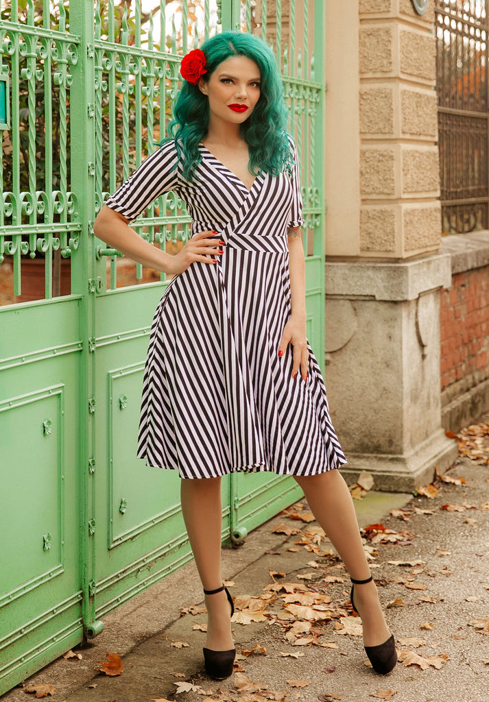 Dolly & Dotty Matilda Black & White Striped Knit Wrap Dress Tradegala Dolly & Dotty Matilda Black & White Striped Knit Wrap Dress Tradegala