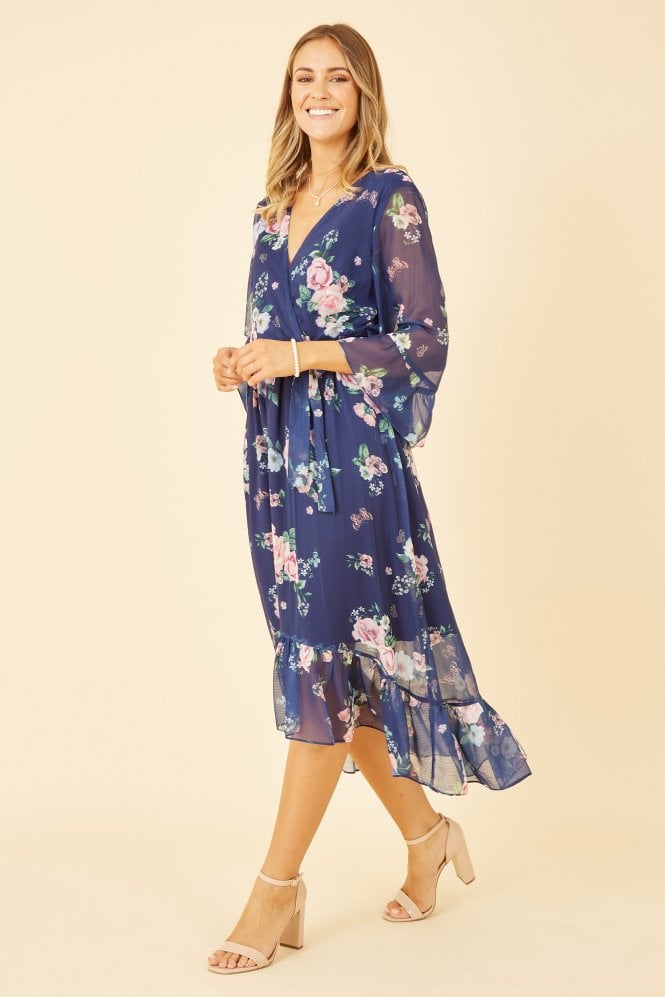 Navy Floral Wrap Dress With Dipped Hem Yumi