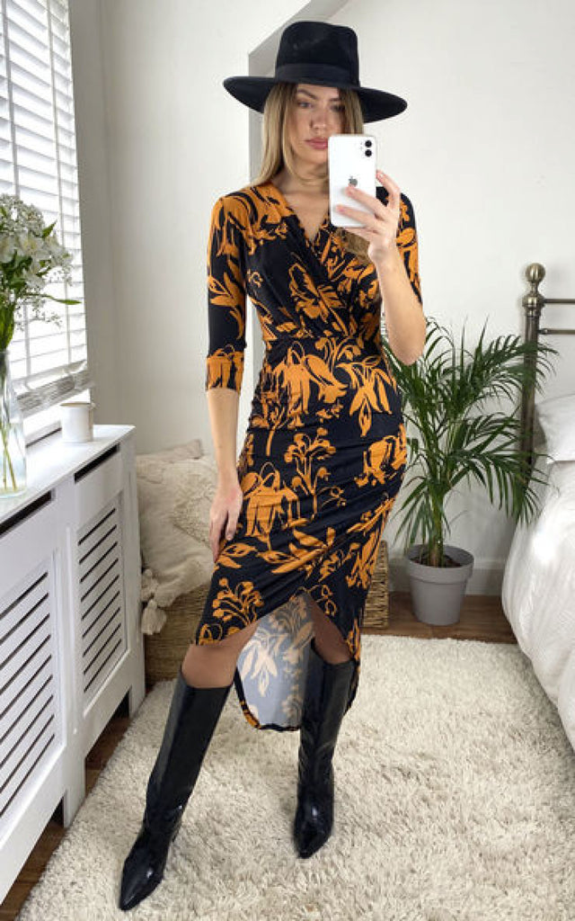 Midi Wrap Dress In Black And Gold Floral Love and Joy London